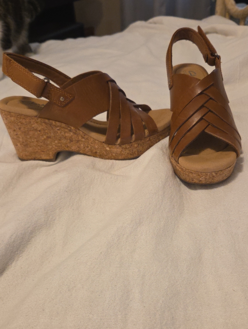 Clarks Leather Cork Wedge Sandals - Tan